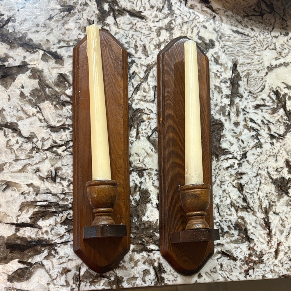 2 Wooden Wall Candle Holders with Cream Candles